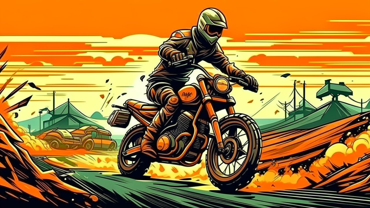 Dynamic Western Motorcycle Rider in Vibrant Sunset Scene