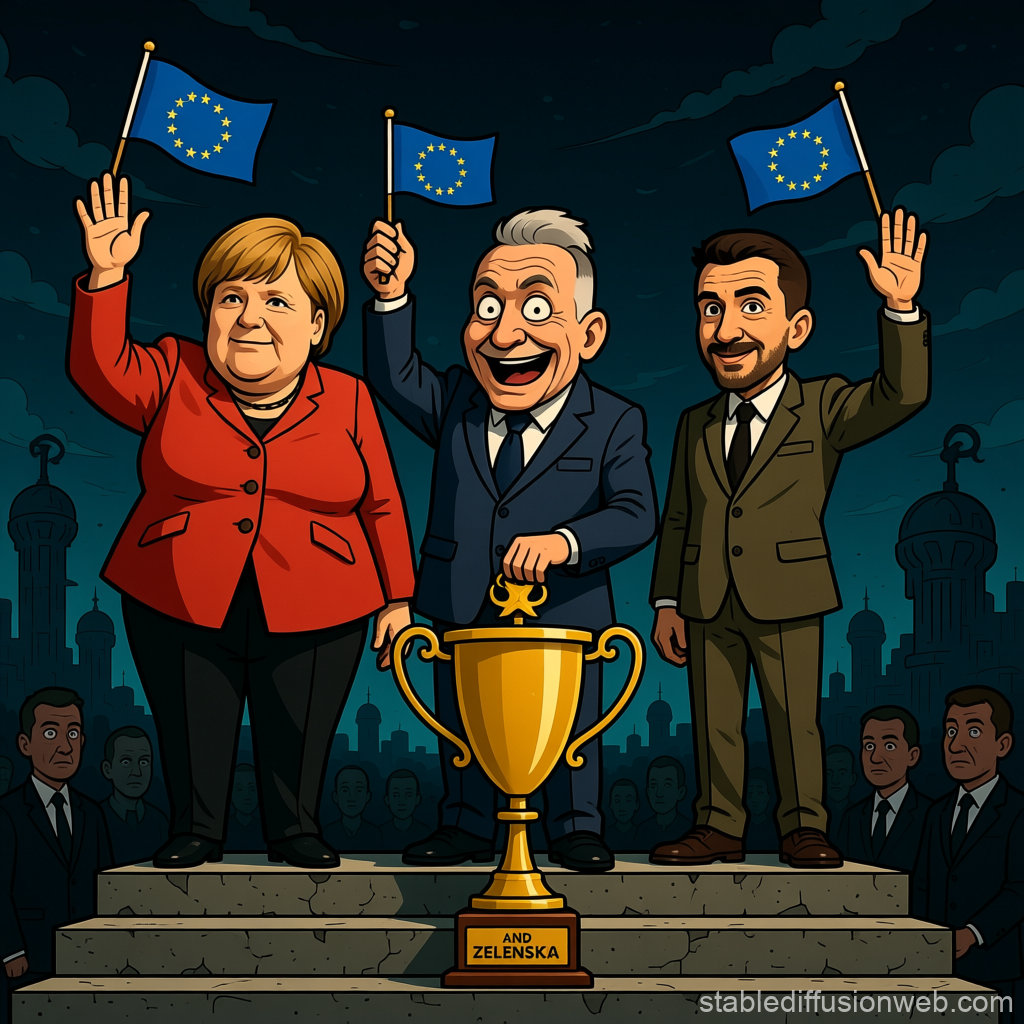 Dystopian Cartoon of EU Leaders Celebrating with Trophy
