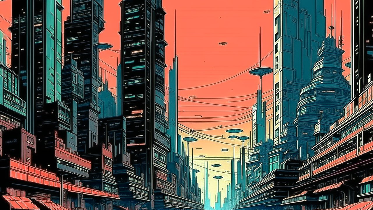 Dystopian Futuristic Cityscape at Sunset