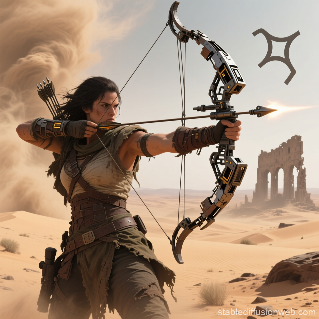 Dystopian Hunter Aiming High-Tech Bow in Desert Ruins