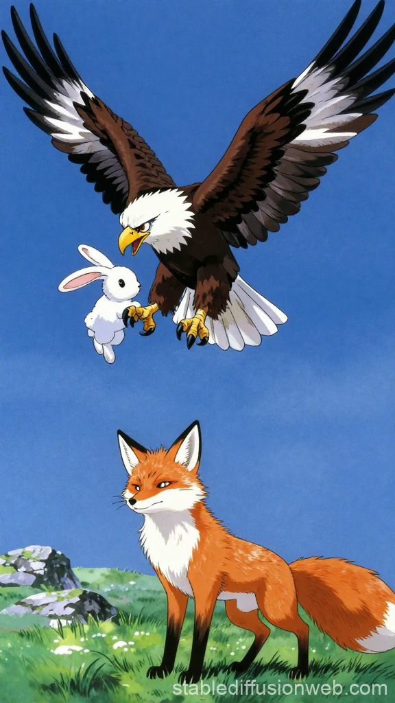 Eagle Captures Rabbit While Fox Watches in Anime Style
