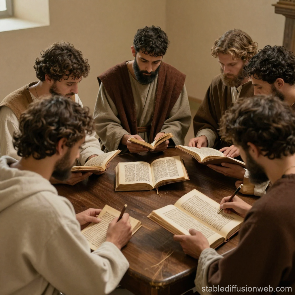 Early Christians Studying Ancient Texts Around a Wooden Table
