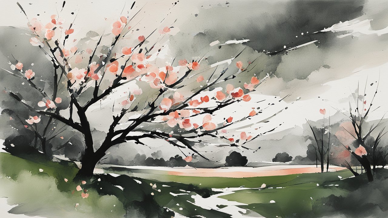Early Spring Blossom Watercolor Landscape