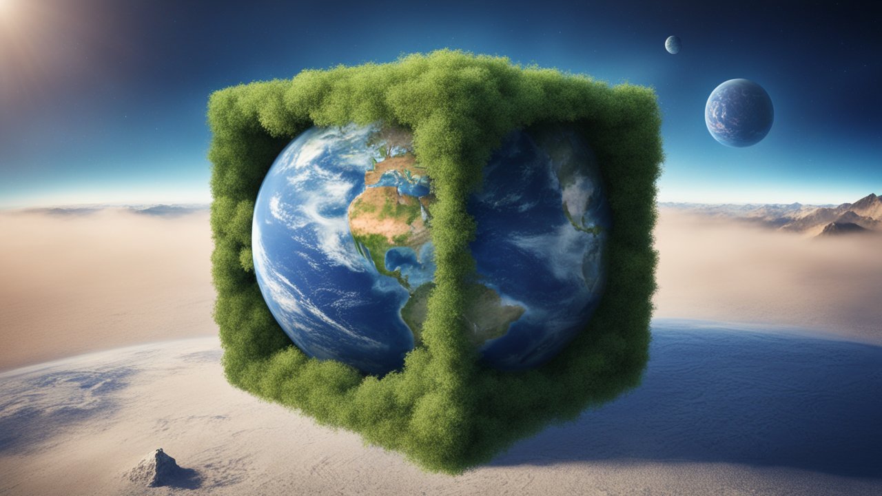 Earth Inside a Foliage-Covered Cube in a Surreal Landscape