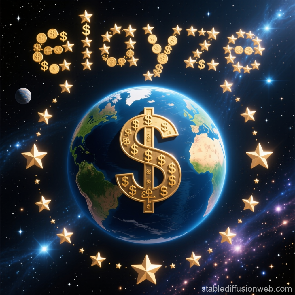 Earth with Golden Dollar Sign and Stars in Space