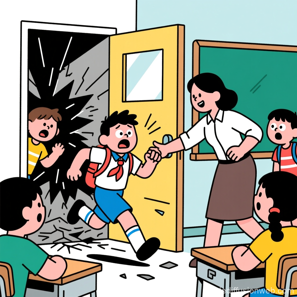 Earthquake Safety Cartoon Illustration in Classroom