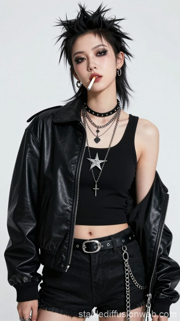 Edgy Punk Style Woman with Cigarette and Leather Jacket