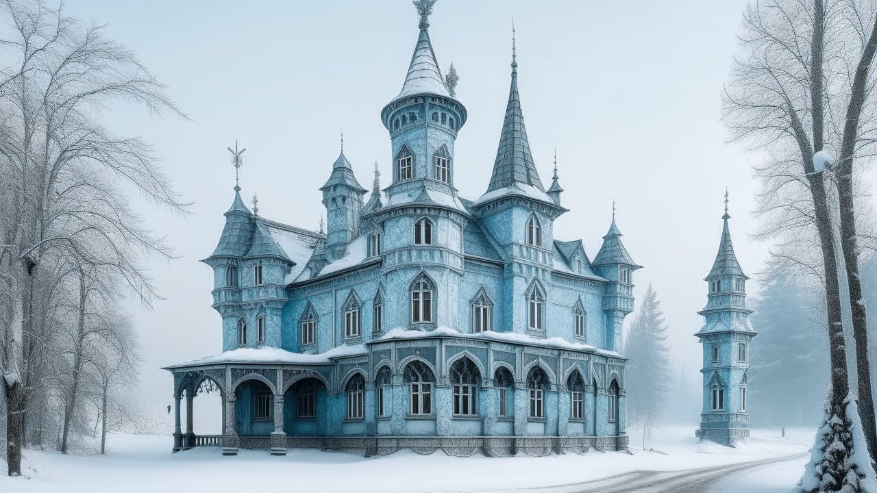 Eerie Blue Chateau in Snowy Winter Landscape