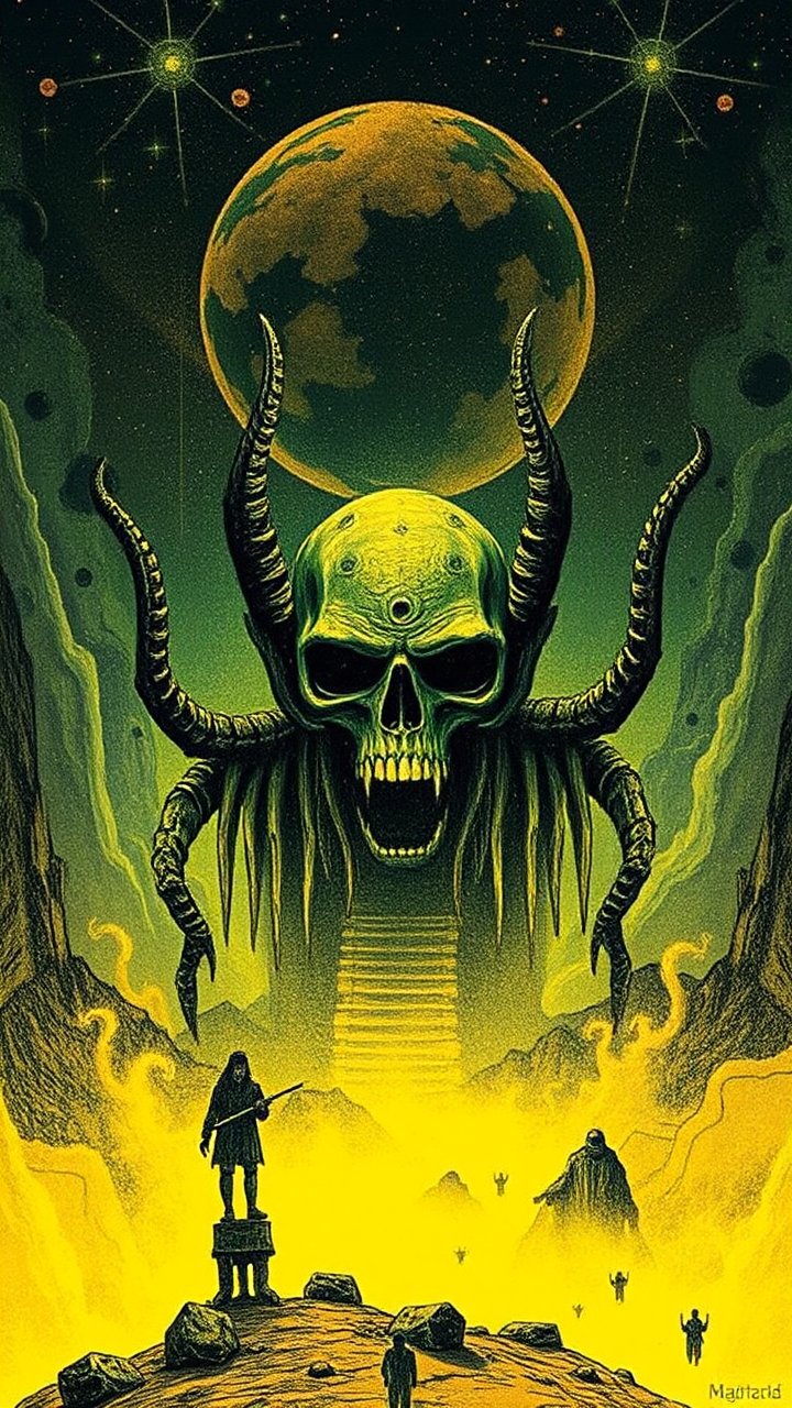 Eerie Cosmic Skull with Horns in a Mystical Landscape