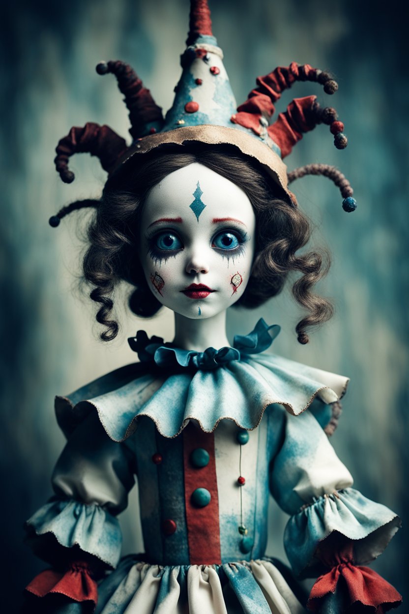 Eerie Doll in Vintage Jester Costume