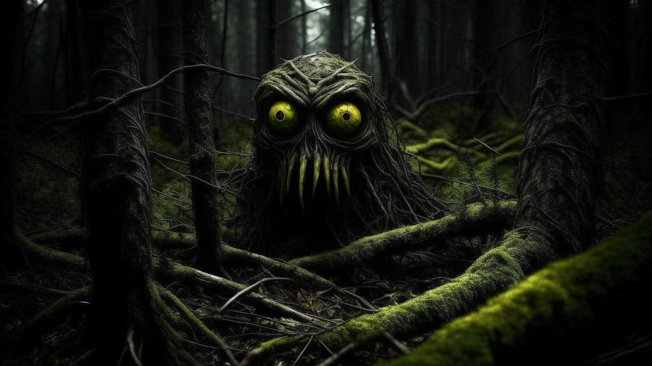 Eerie Forest Creature with Glowing Yellow Eyes