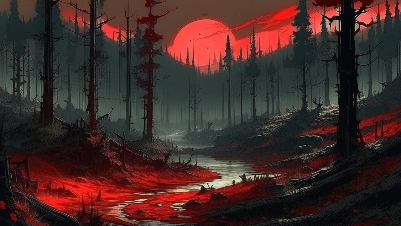 Eerie Forest Landscape with Red Moon and Stream