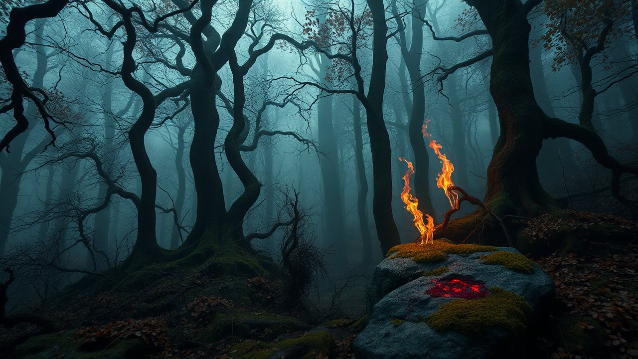 Eerie Forest with Mystical Flames