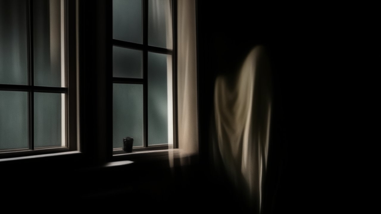 Eerie Ghostly Figure by Window in Dark Room