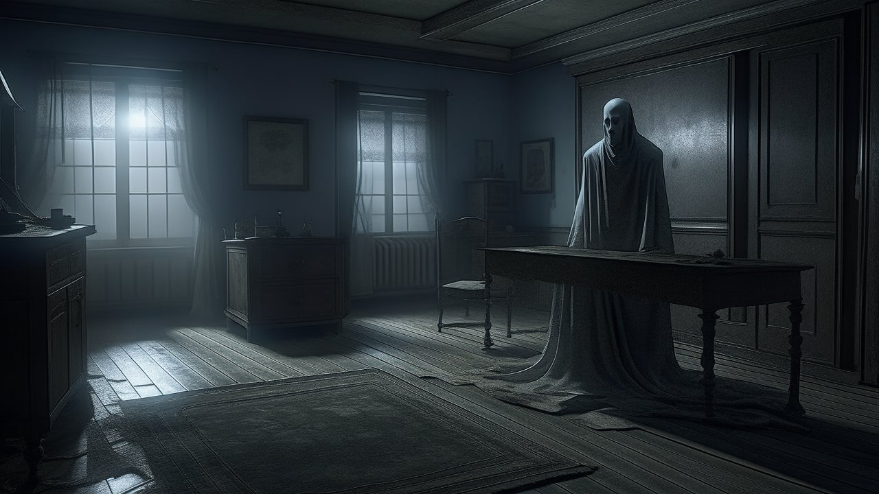 Eerie Ghostly Figure in Dimly Lit Vintage Room