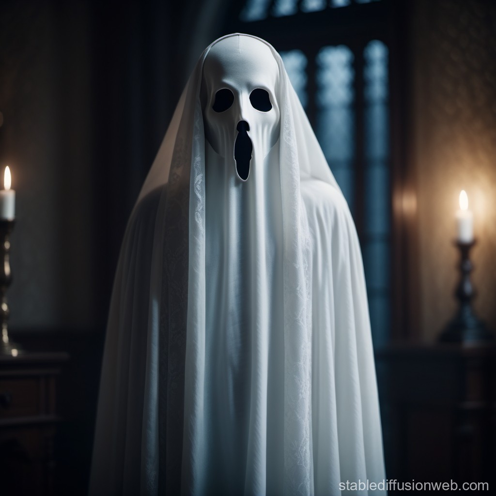 Eerie Ghostly Figure in White Draped Cloth