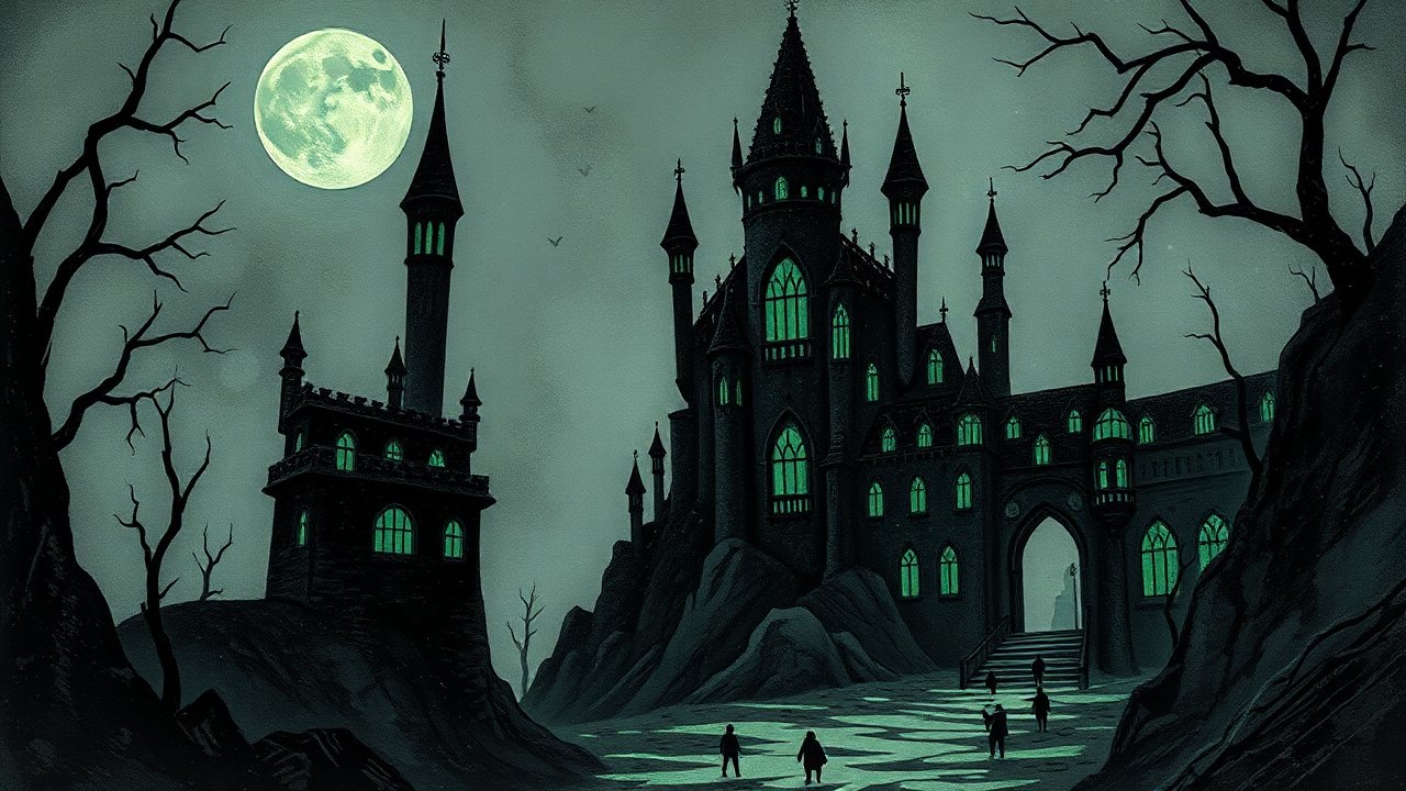 Eerie Gothic Castle Under a Full Moon