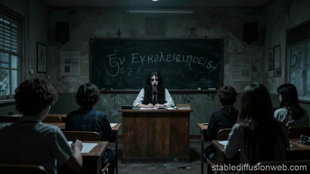 Eerie Gothic Classroom Scene with Dark Teacher
