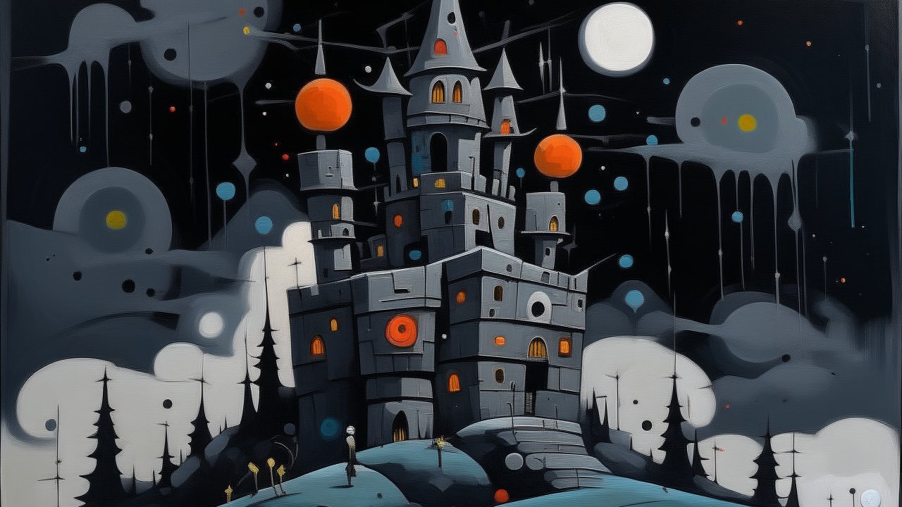 Eerie Gray Castle Under a Surreal Night Sky