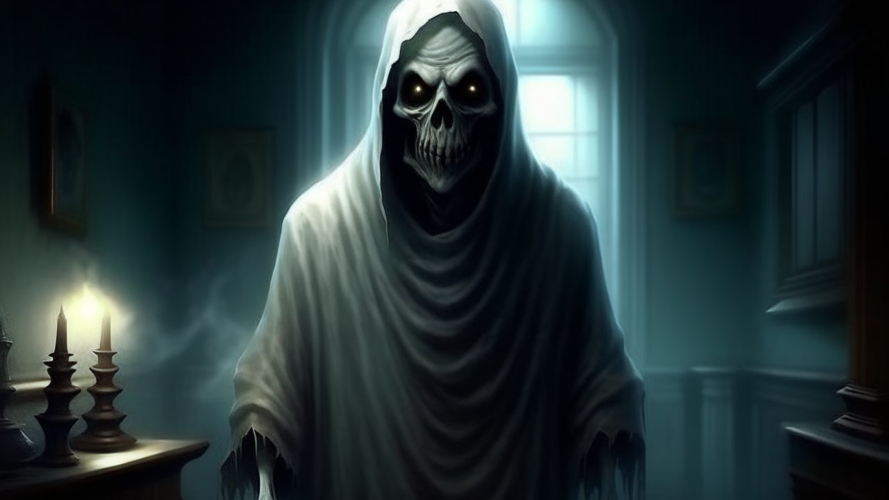 Eerie Grim Reaper in Dimly Lit Room