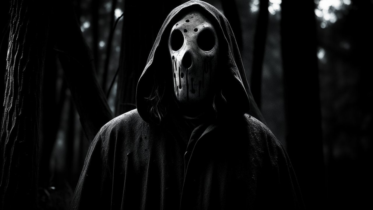 Eerie Hooded Figure with Mask in Dark Forest