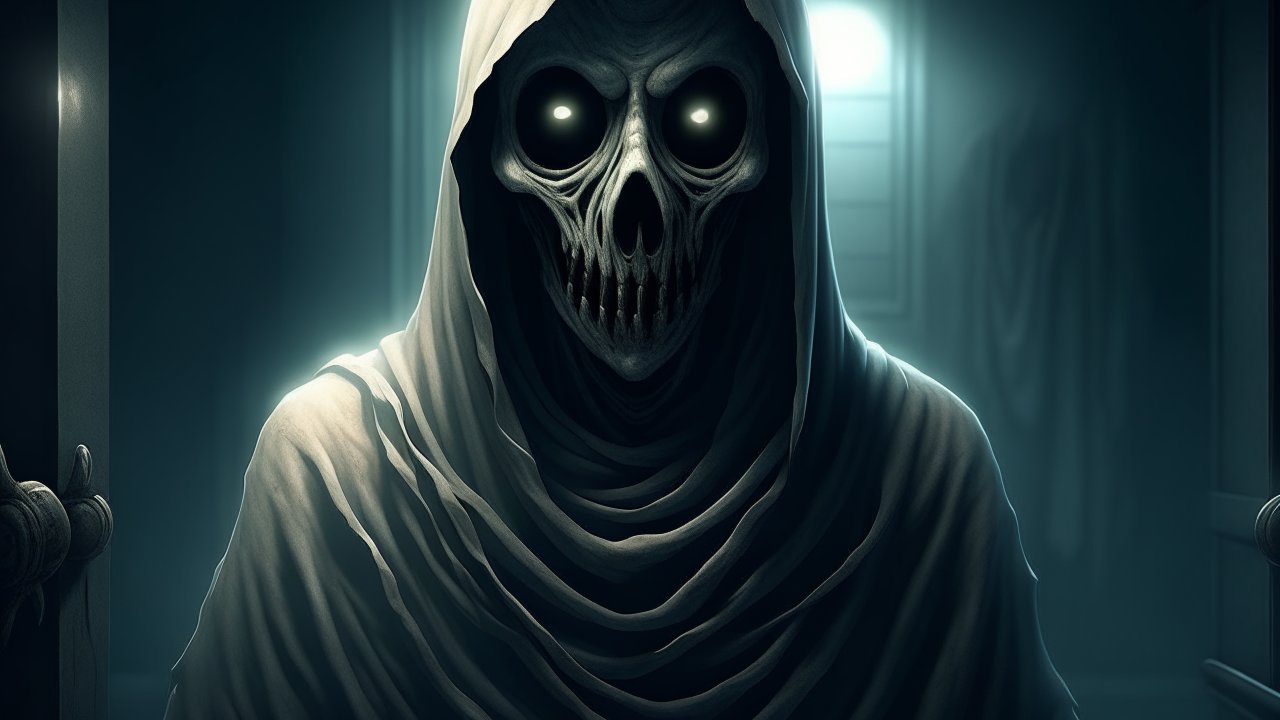 Eerie Hooded Skeleton with Glowing Eyes in Dark Corridor
