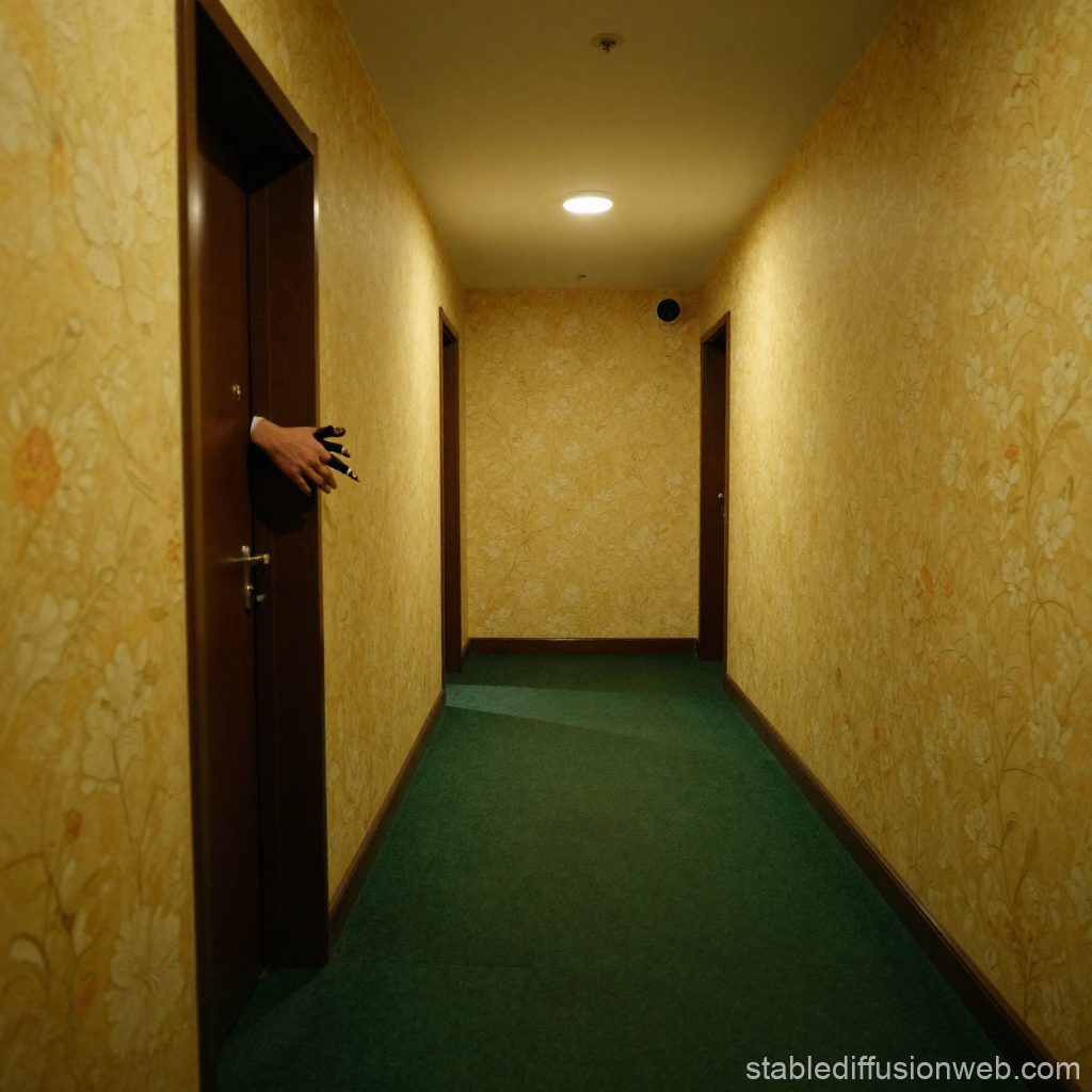 Eerie Liminal Hallway with Hand Emerging from Door