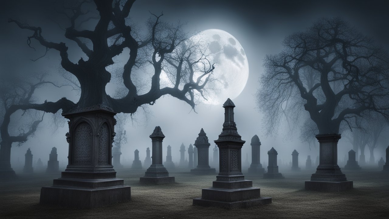 Eerie Moonlit Cemetery with Ancient Tombstones
