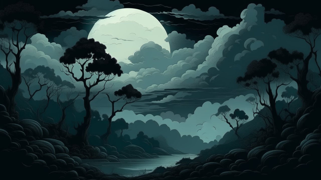 Eerie Moonlit Forest Landscape with Dramatic Clouds