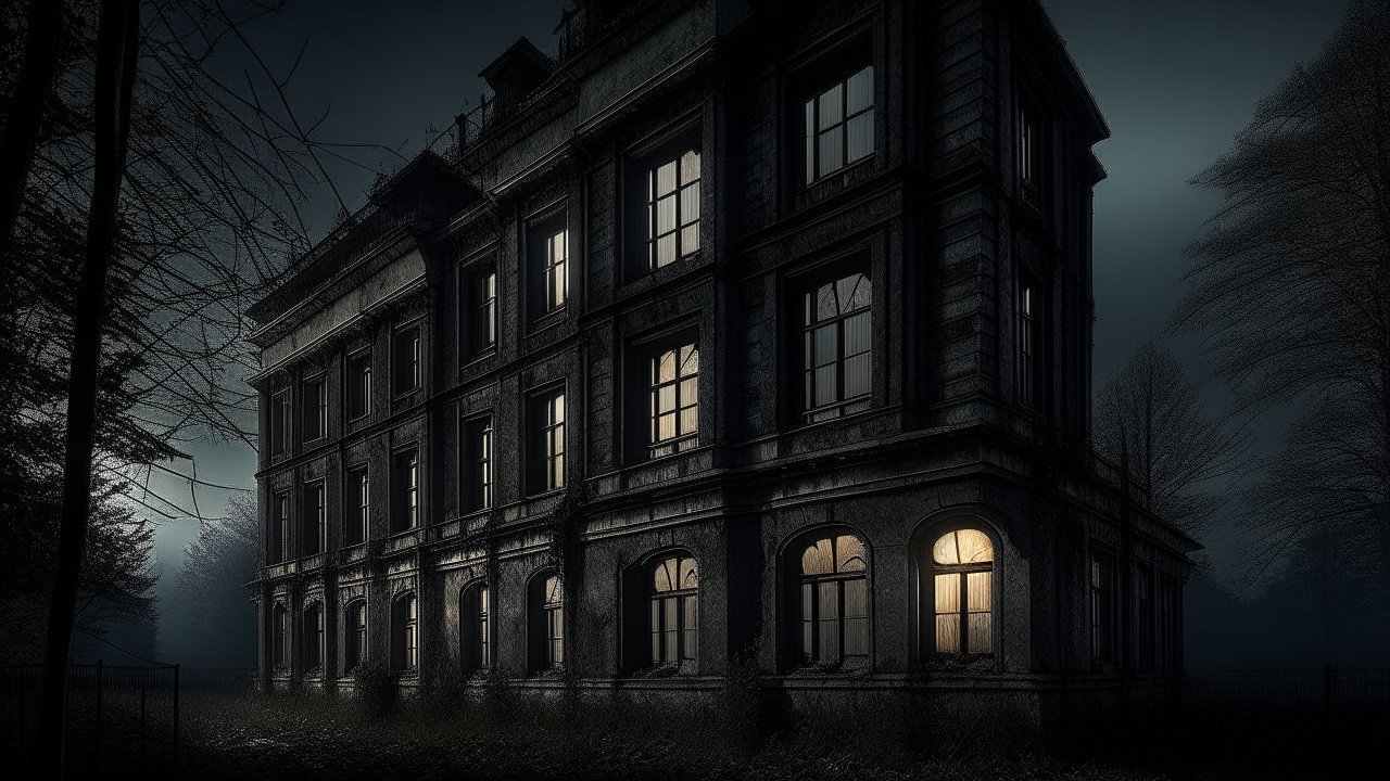 Eerie Old Mansion at Night with Lit Windows
