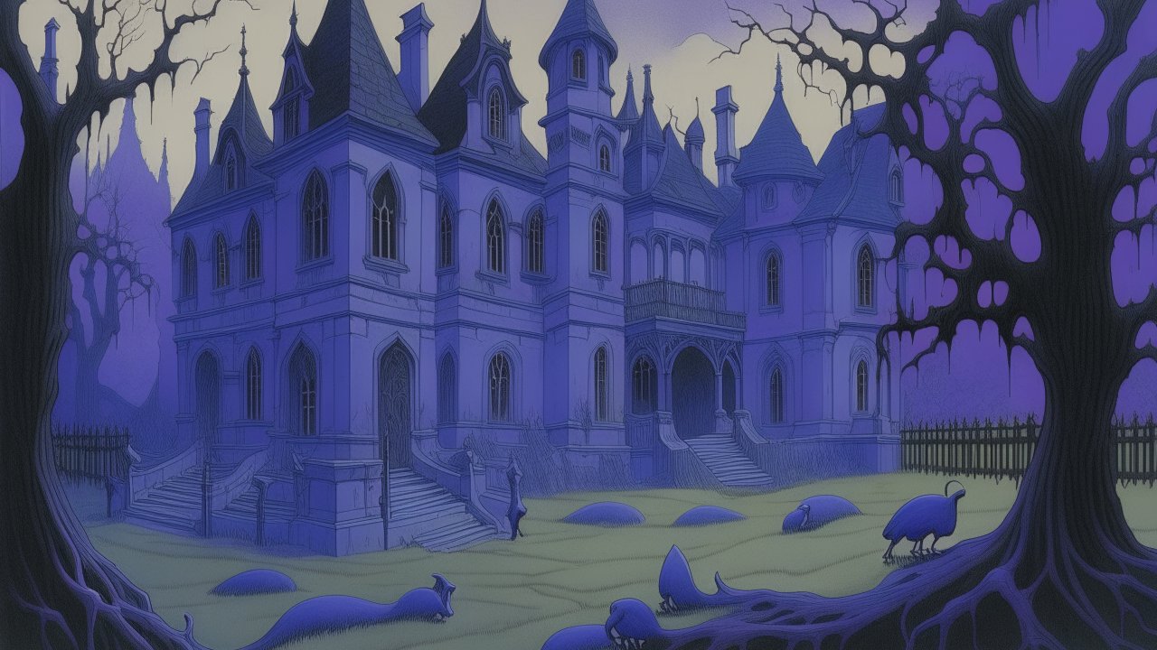 Eerie Purple Mansion in a Haunted Graveyard