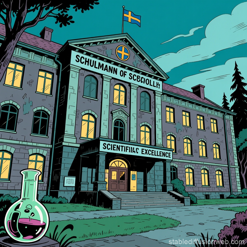 Eerie Sci-Fi Comic School Building at Dusk