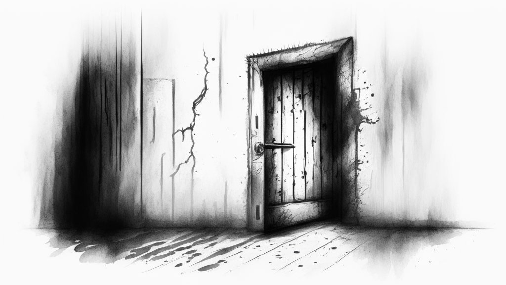 Eerie Sketch of a Cracked Door in a Dark Room