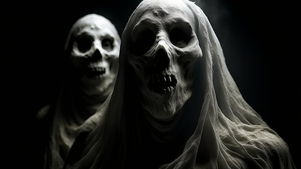 Eerie Skull Figures Draped in Tattered Cloth