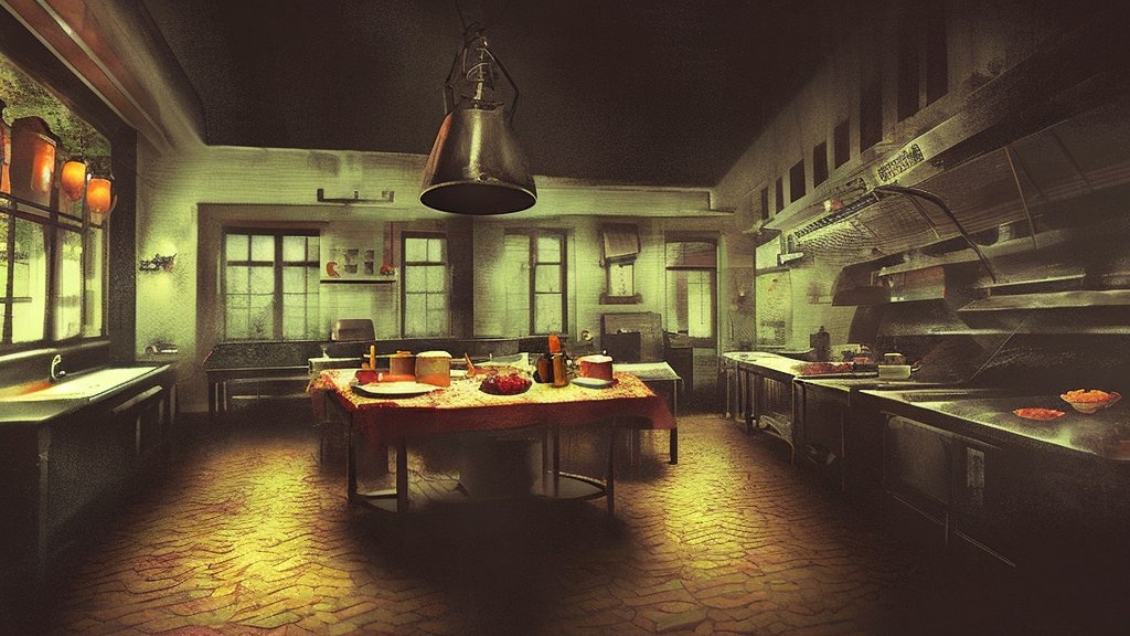 Eerie Vintage Kitchen with Dim Lighting and Culinary Setup