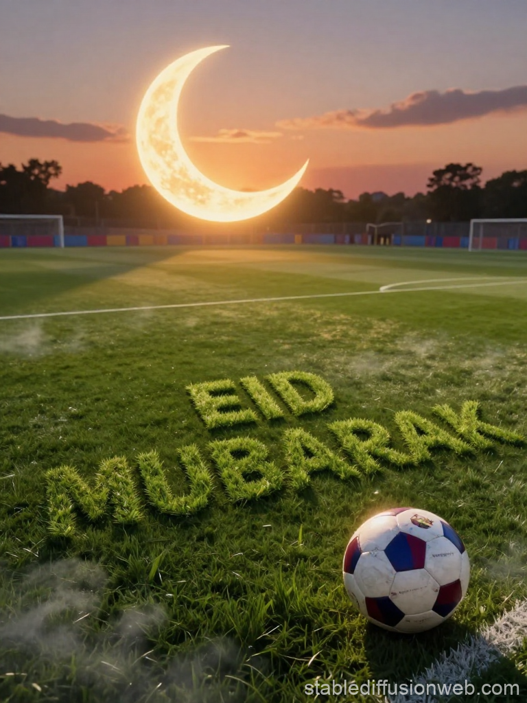 Eid Mubarak Greeting on Football Pitch at Sunset