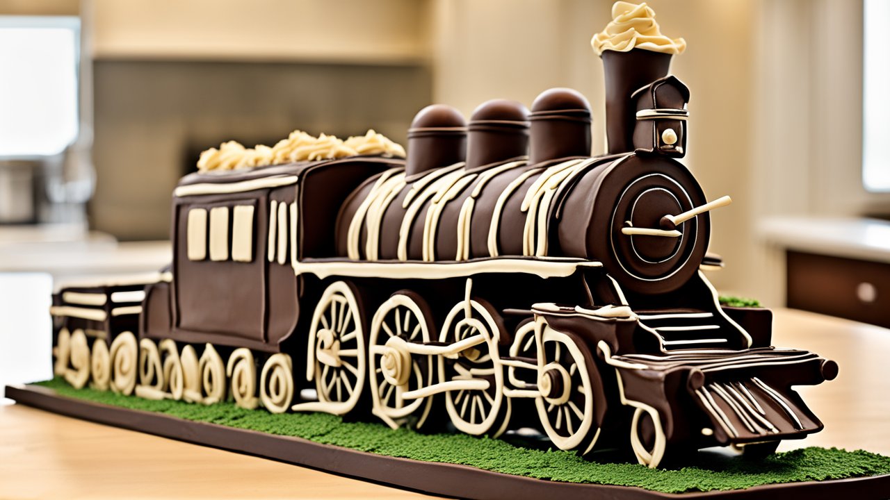 Elaborate Chocolate Train Cake with White Icing Details