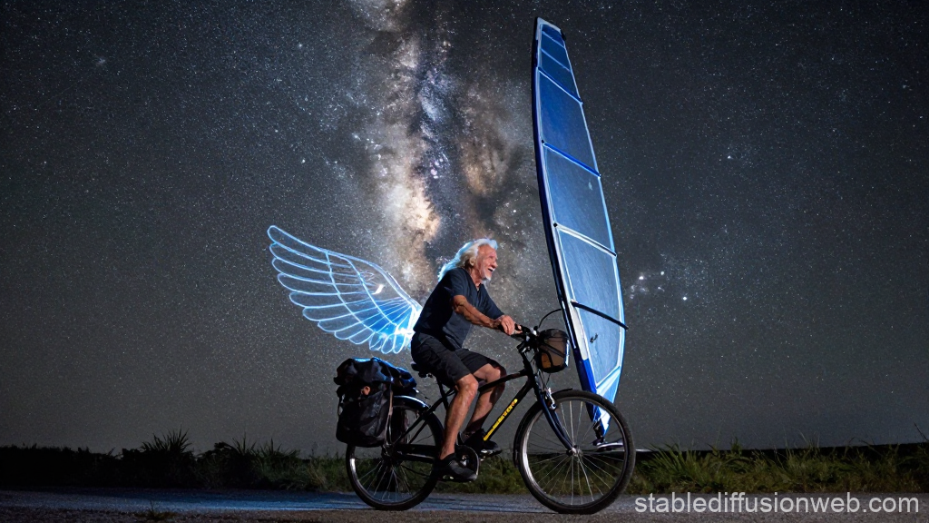 Elder Cyclist with Glowing Wings Under Starry Sky