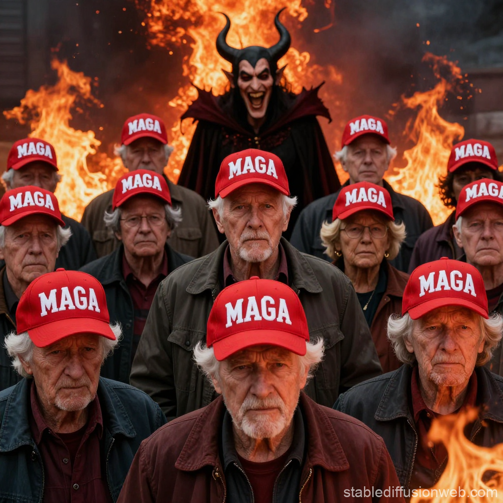 Elderly Group Wearing MAGA Hats with Demon in Fiery Background