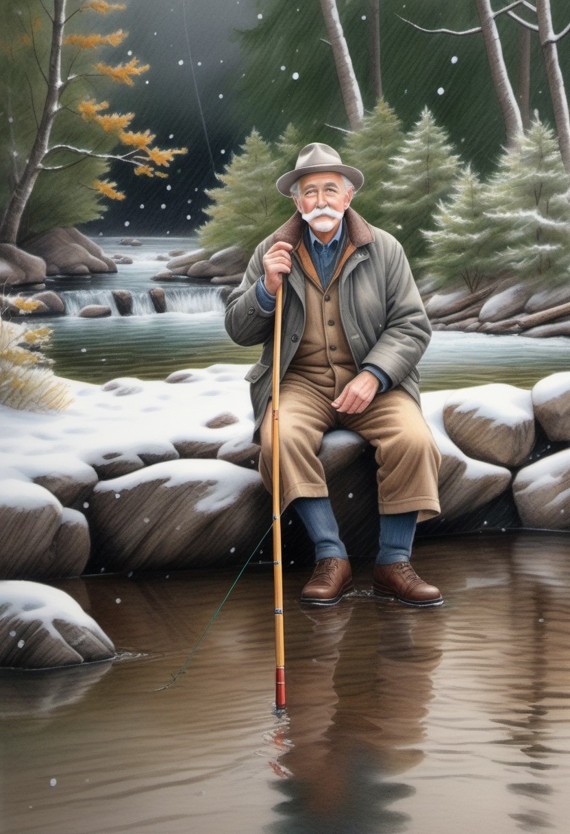 Elderly Man Fishing by a Snowy River in Winter