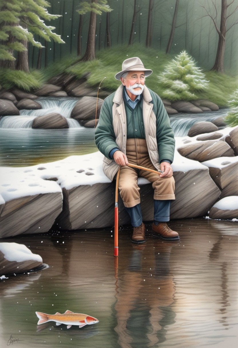 Elderly Man Fishing by a Snowy Stream