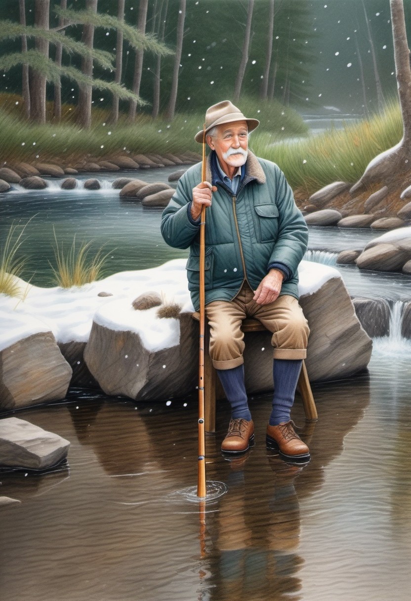 Elderly Man Fishing by a Snowy Stream