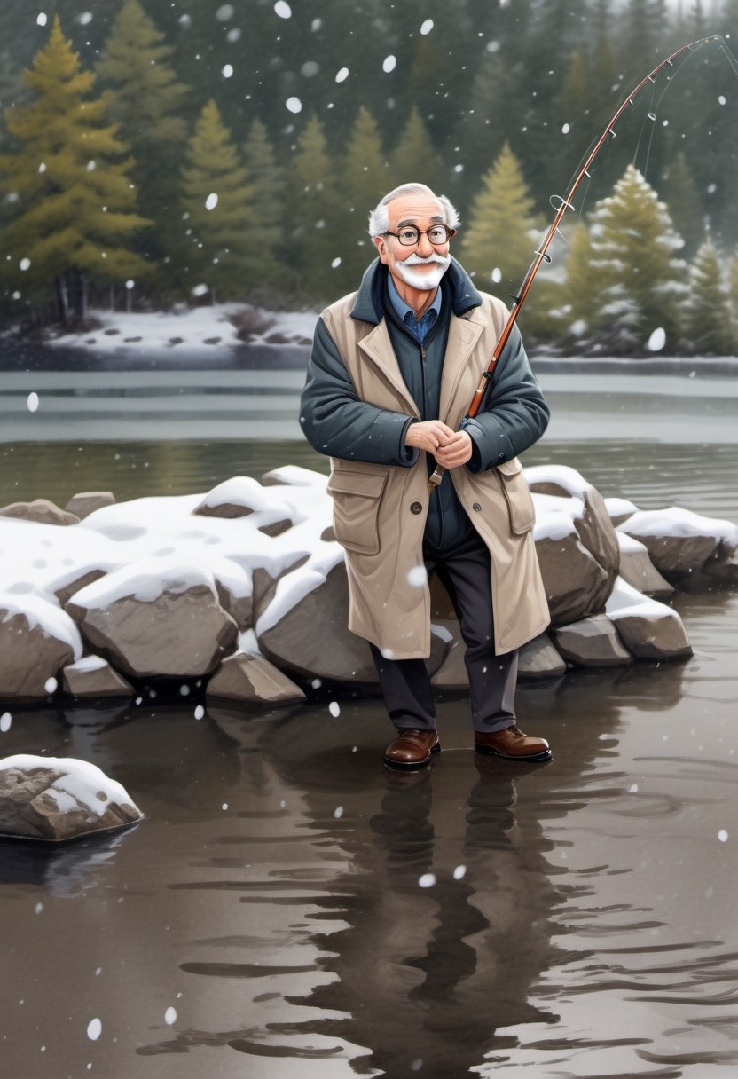 Elderly Man Fishing on a Snowy Winter Day