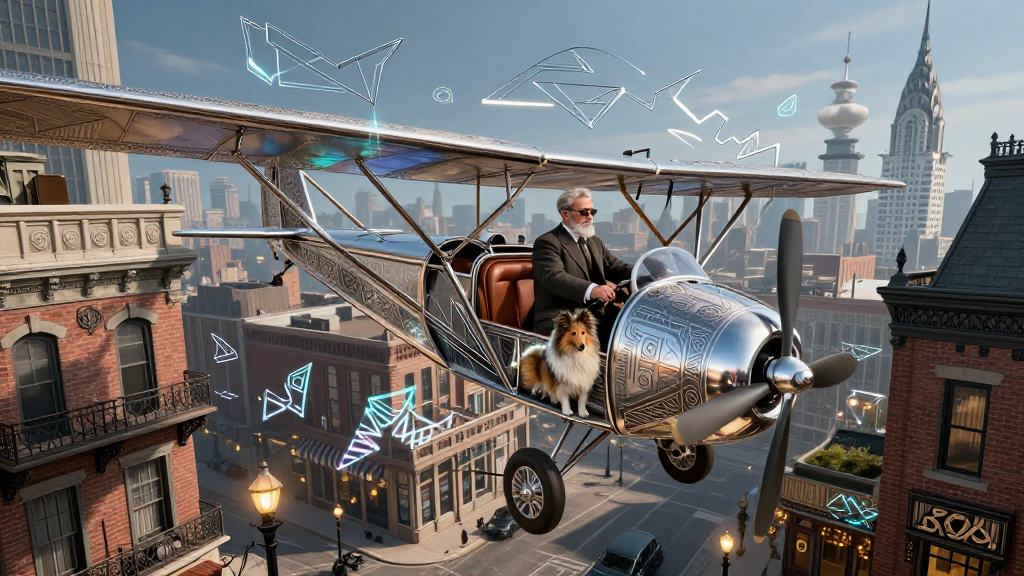 Elderly Man Flying Vintage Plane with Dog in Cityscape