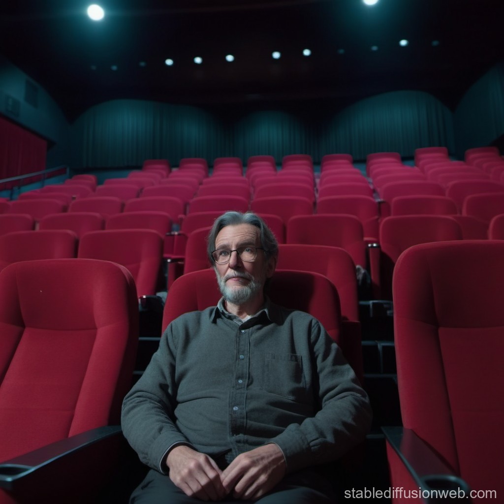 Elderly Man Sitting Alone in Empty Movie Theater