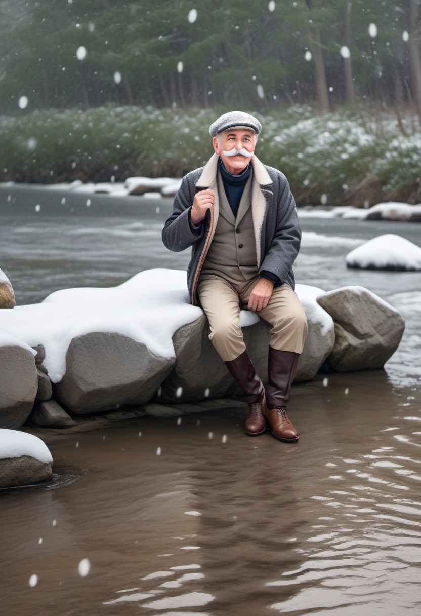 Elderly Man Sitting by Snowy Riverbank in Winter