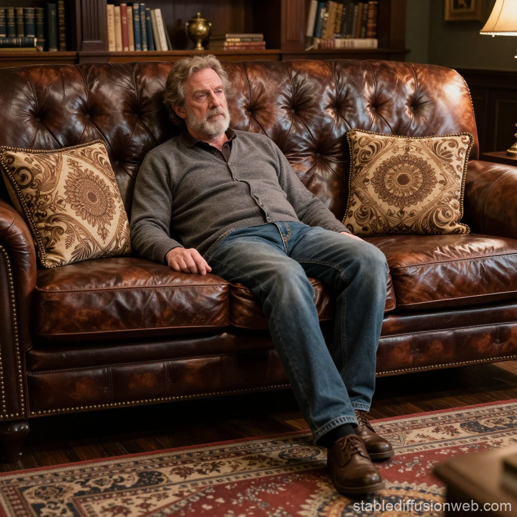 Elderly Man Sitting Thoughtfully on Leather Couch