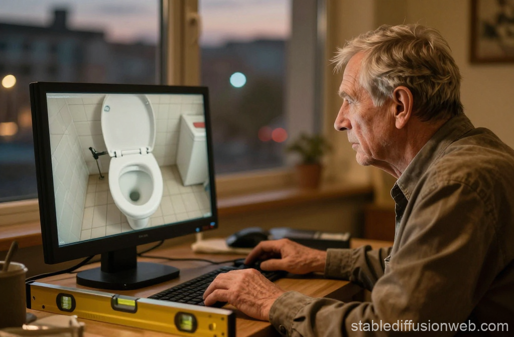 Elderly Man Viewing Toilet Image on Computer Screen