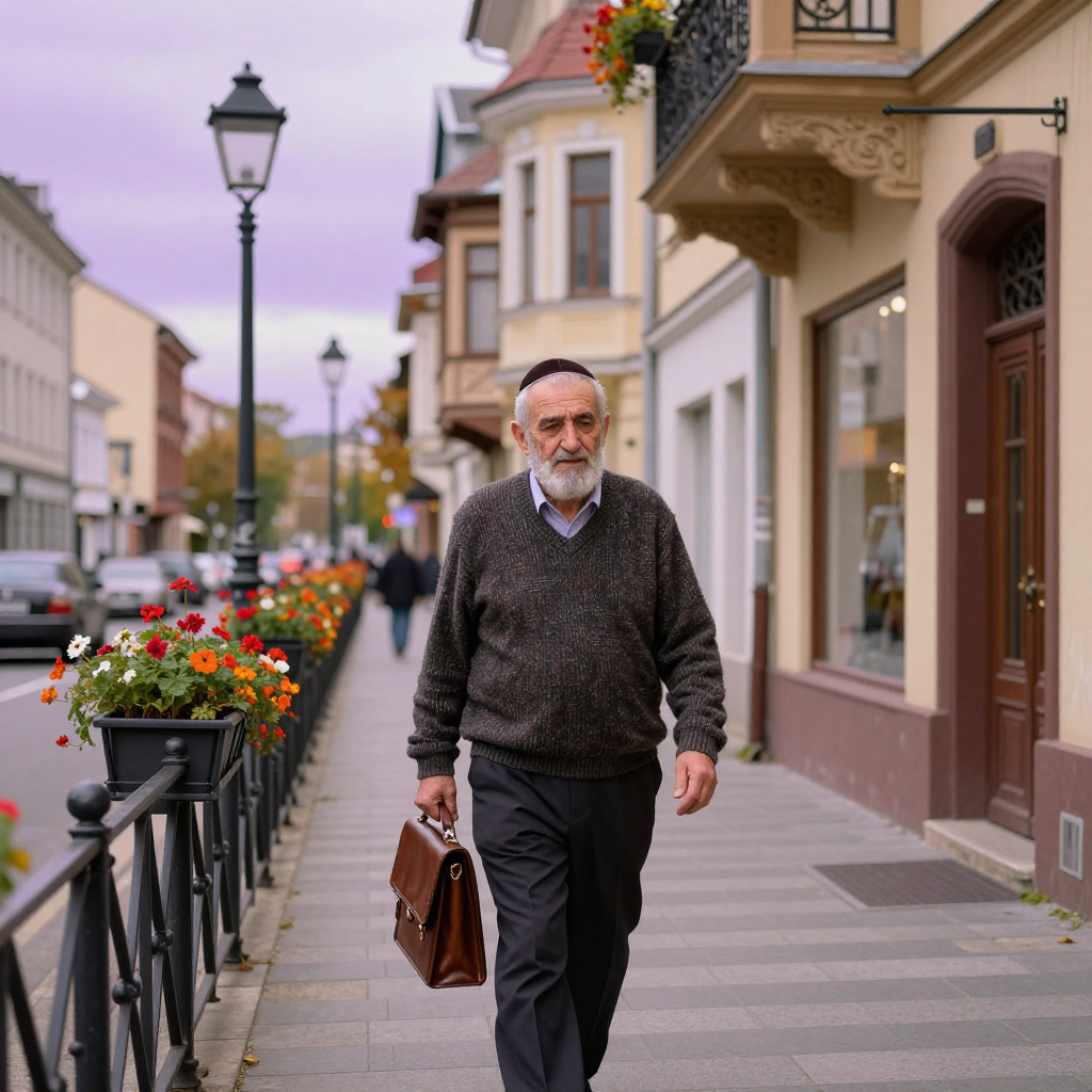 Elderly Man Walking on a European Street with Briefcase