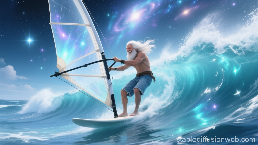 Elderly Man Windsurfing on a Magical Ocean Wave